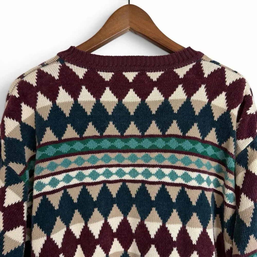 VTG 90s Saks Fifth Avenue 100% Cotton Geometric Grandpa Sweater Multicolor XL